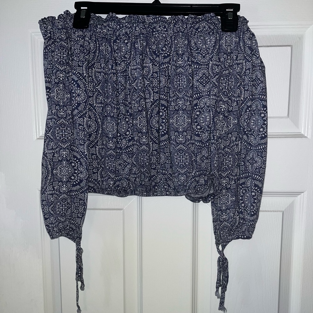 Blue and White Mandala-Print Off-Shoulder Blouse